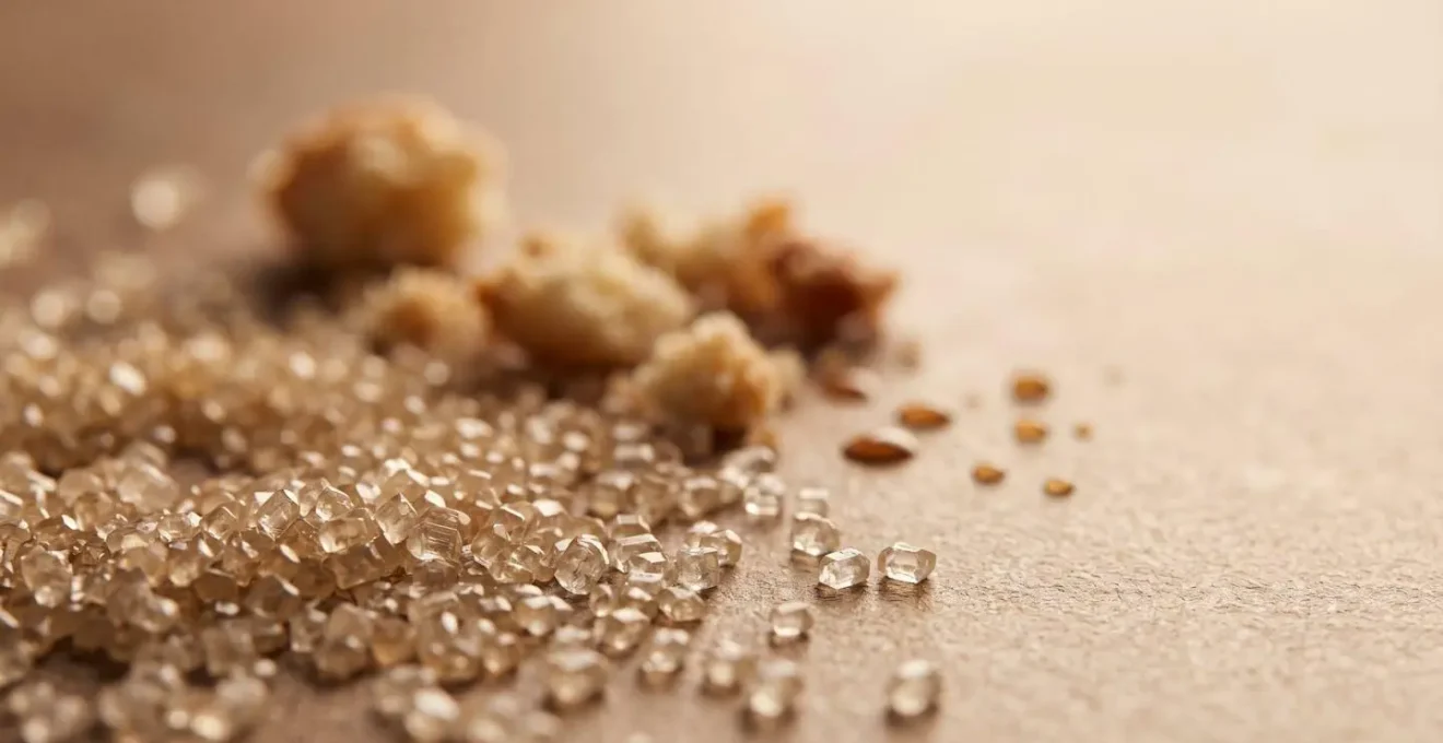 Gros plan macro sur des grains de sucre illustrant le concept d'index glycémique élevé