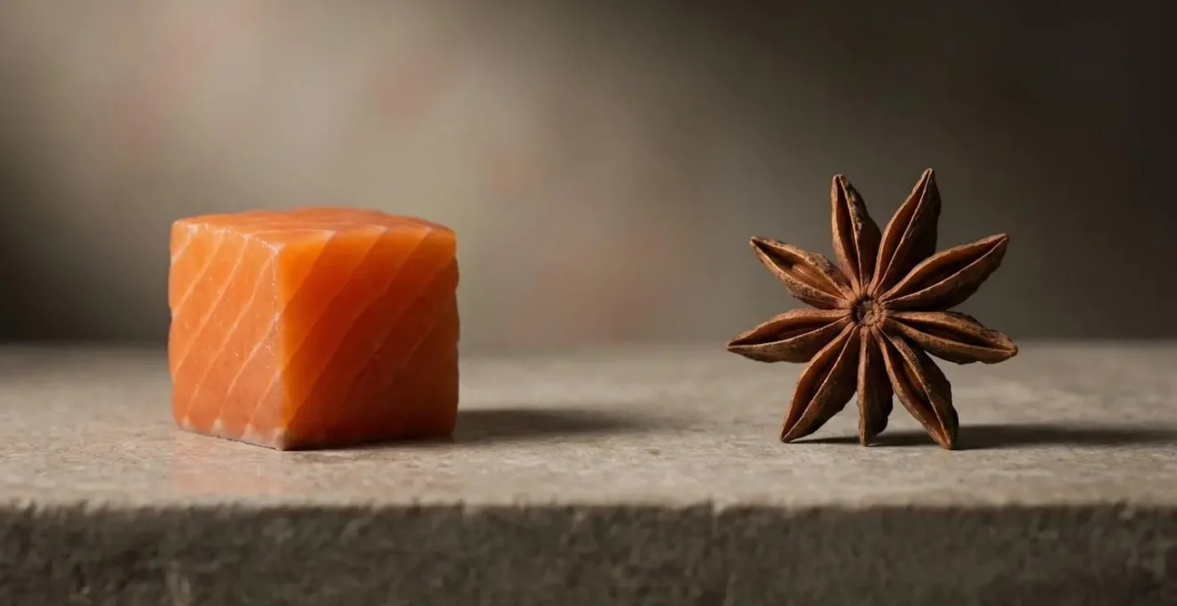 Deux ingrédients de cultures différentes présentés côte à côte avec leurs textures et couleurs naturelles en harmonie
