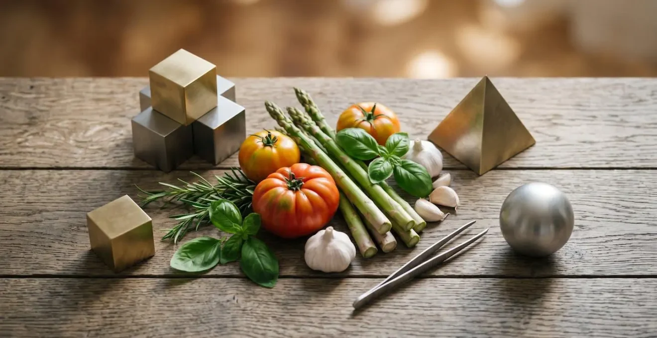 Composition symbolique d'ingrédients frais et de gestion financière en restauration
