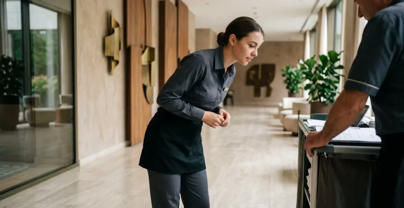 Jeune professionnel en formation pratique dans un environnement hôtelier