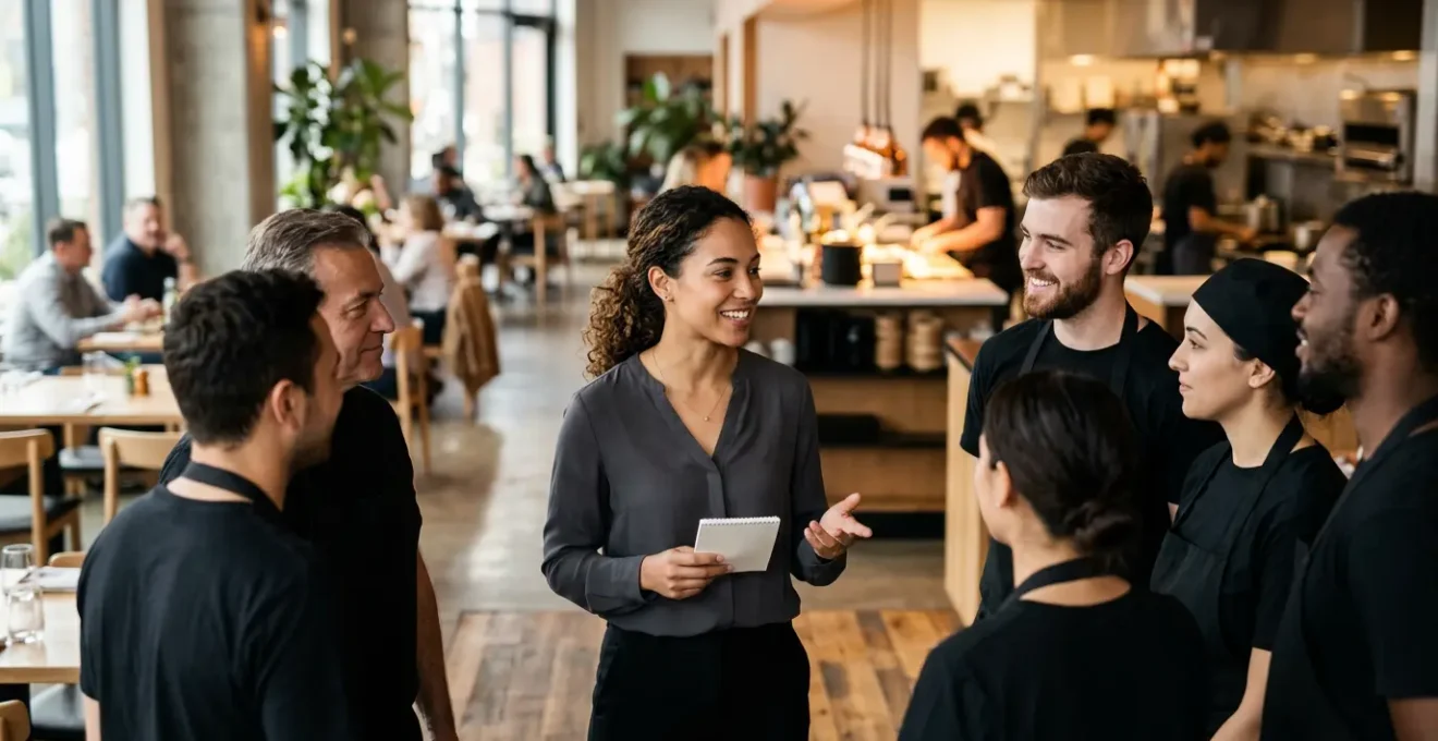 Un jeune manager confident dirigeant une équipe en restauration