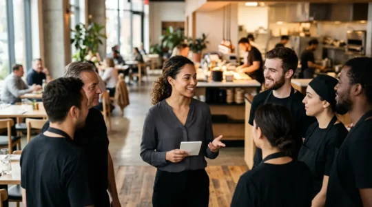 Un jeune manager confident dirigeant une équipe en restauration