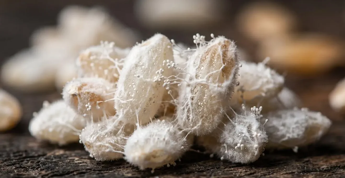 Gros plan macro sur grains de riz colonisés par le koji avec mycelium blanc visible
