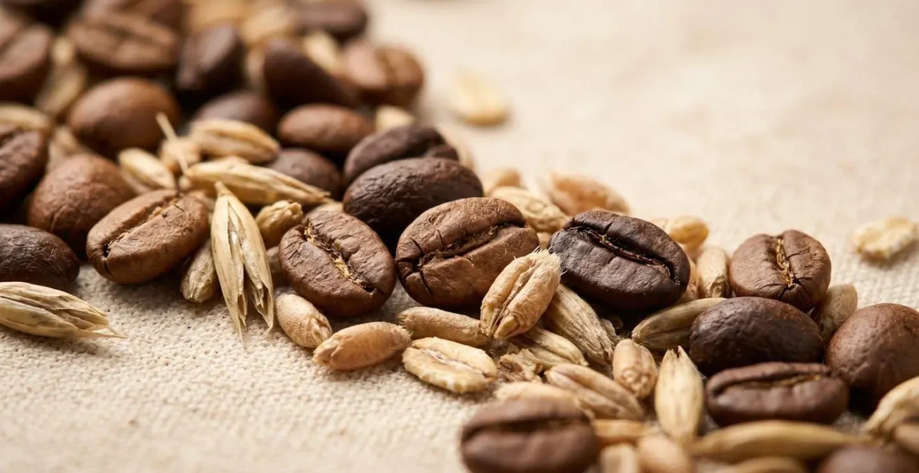 Gros plan sur des grains de café et des céréales biologiques avec des certifications naturelles, représentant la qualité des labels durables
