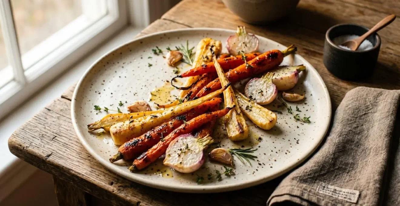 Présentation gastronomique de légumes-racines de fin de saison rôtis sur une assiette de restaurant