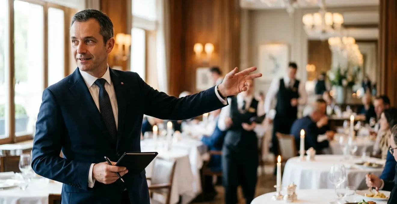 Maître d'hôtel professionnel dirigeant son équipe lors du service dans un restaurant gastronomique