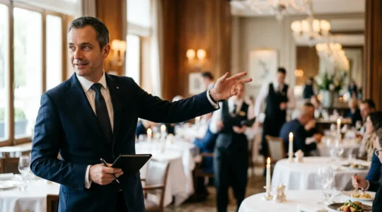 Maître d'hôtel professionnel dirigeant son équipe lors du service dans un restaurant gastronomique