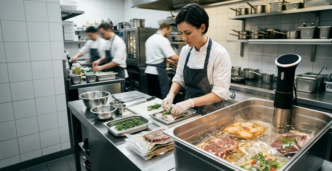 Chef professionnel préparant une cuisson sous-vide en cuisine gastronomique avec thermoplongeur et sachets hermétiques