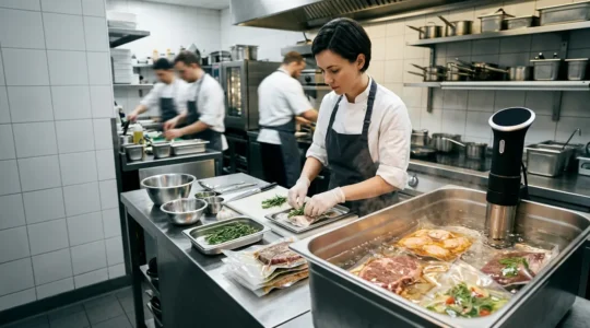 Chef professionnel préparant une cuisson sous-vide en cuisine gastronomique avec thermoplongeur et sachets hermétiques