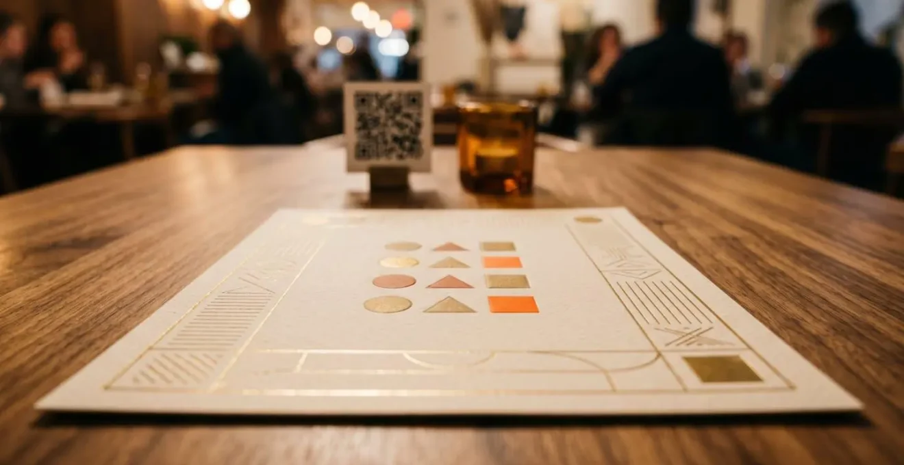 Menu de restaurant moderne avec système d'affichage discret des allergènes et code QR pour information détaillée