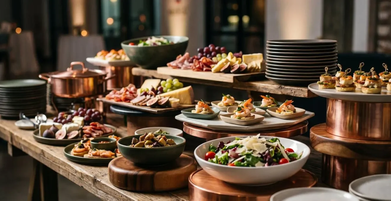 Mise en scène d'un buffet gastronomique avec hiérarchie visuelle et éclairage stratégique pour attirer l'attention