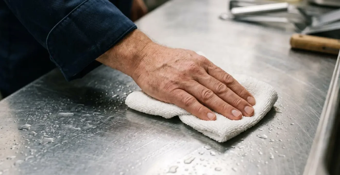 Gros plan sur des mains de cuisinier essuyant méthodiquement un plan de travail en inox pendant le service