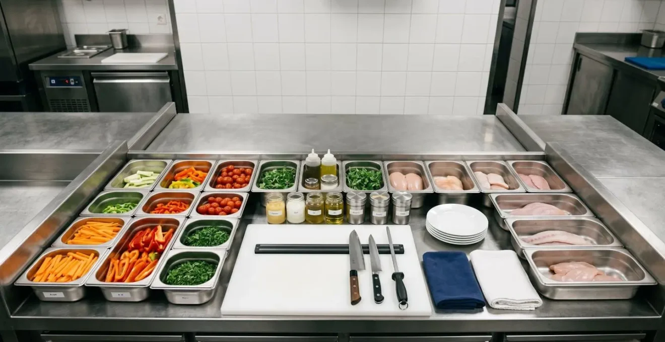 Station de cuisine professionnelle parfaitement organisée avec ingrédients préparés dans des contenants
