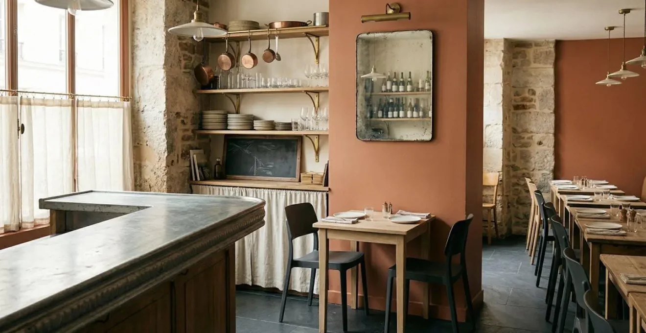 Intérieur de bistro français moderne alliant éléments traditionnels et touches contemporaines