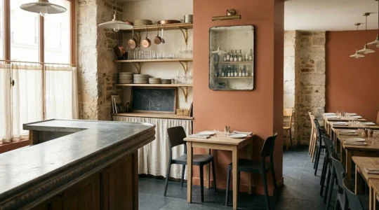 Intérieur de bistro français moderne alliant éléments traditionnels et touches contemporaines