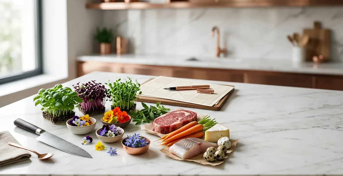 Composition professionnelle évoquant l'univers du traiteur événementiel haut de gamme pour entreprises