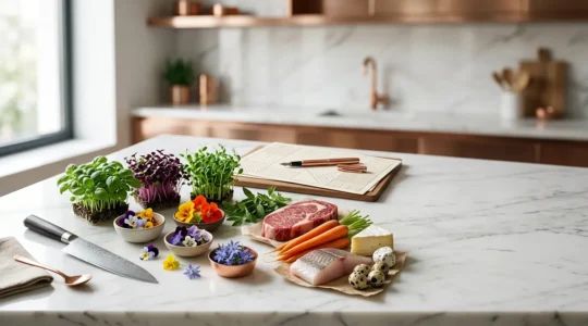 Composition professionnelle évoquant l'univers du traiteur événementiel haut de gamme pour entreprises