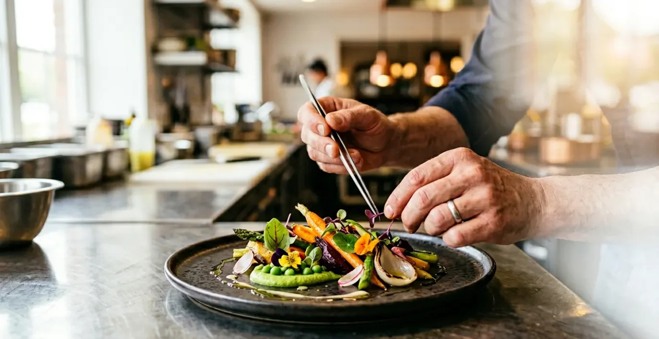 Chef préparant un plat végétarien gastronomique dans une cuisine professionnelle moderne
