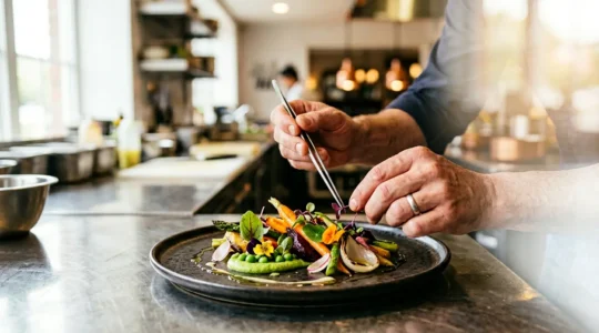 Chef préparant un plat végétarien gastronomique dans une cuisine professionnelle moderne
