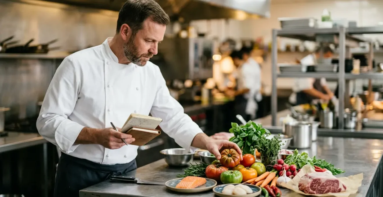 Chef cuisinier examinant des ingrédients frais et des documents de gestion dans une cuisine professionnelle moderne