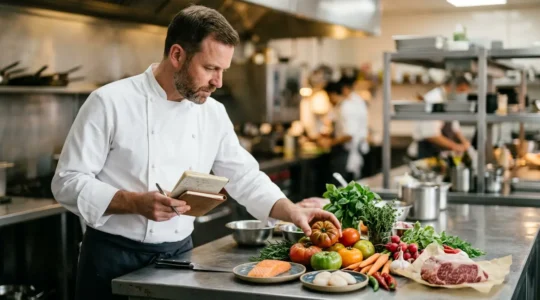 Chef cuisinier examinant des ingrédients frais et des documents de gestion dans une cuisine professionnelle moderne
