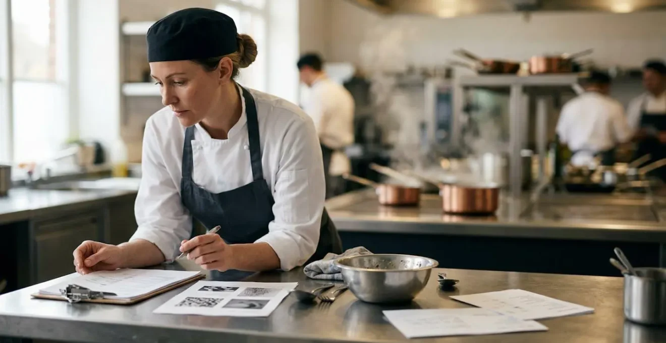 Chef de cuisine en restauration professionnelle analysant des coûts de matières premières avec précision