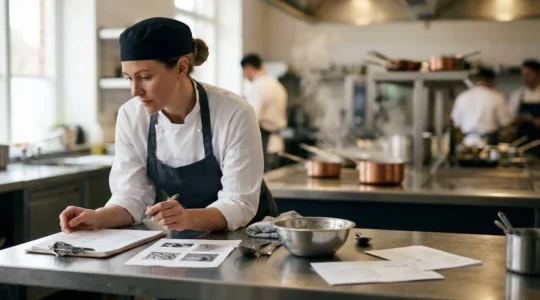Chef de cuisine en restauration professionnelle analysant des coûts de matières premières avec précision