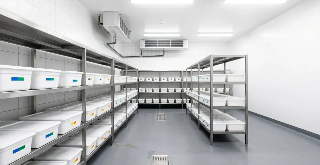 Système d'organisation FIFO en chambre froide avec code couleur pour rotation des stocks