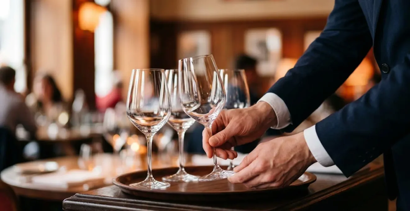 Organisation méticuleuse du service des verres à vin en restauration gastronomique