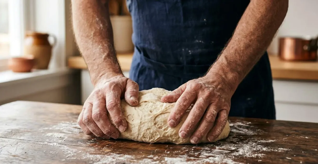 Mains d'artisan pétrissant une pâte fraîche avec du beurre artisanal, symbole du fait maison et de l'approvisionnement local responsable