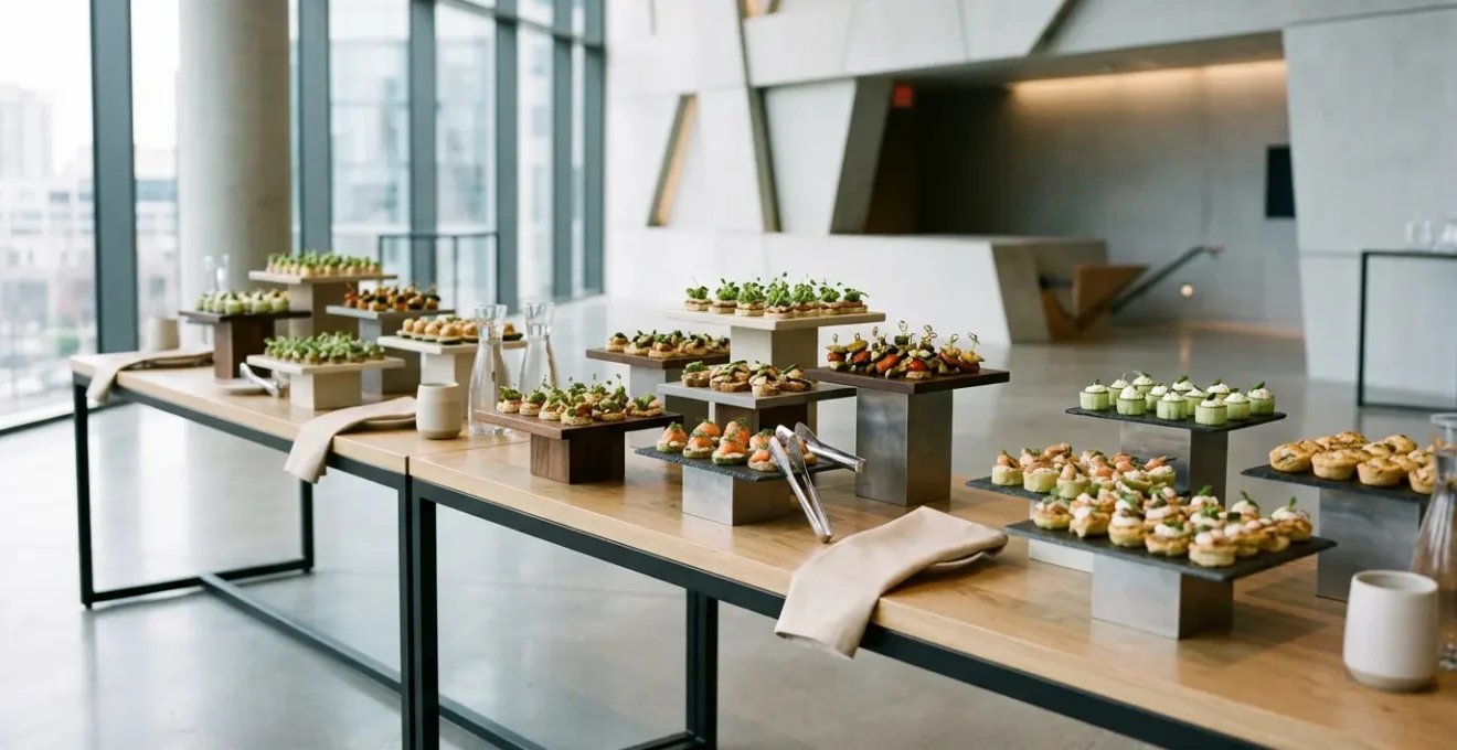 Mise en scène élégante de pièces cocktail pour réception professionnelle