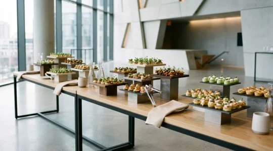 Mise en scène élégante de pièces cocktail pour réception professionnelle