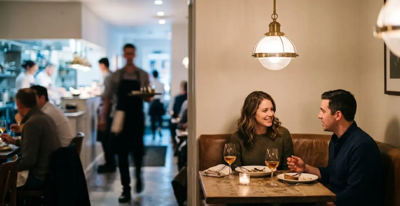 Ambiance contrastée dans une salle de restaurant montrant différentes zones d'intimité