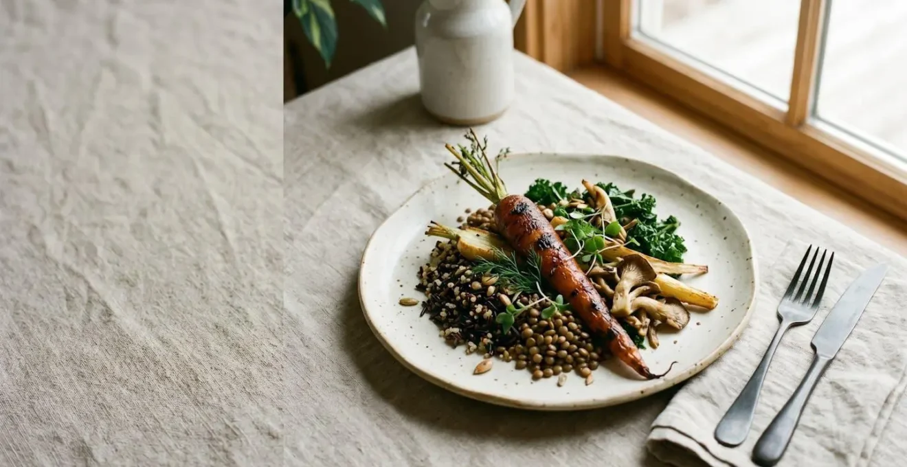 Assiette élégante présentant un plat végétarien structuré avec légume rôti entier au centre