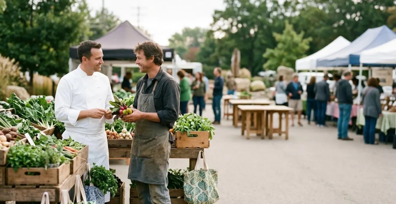 Poignée de main symbolique entre un chef de restaurant et un producteur local sur un marché fermier