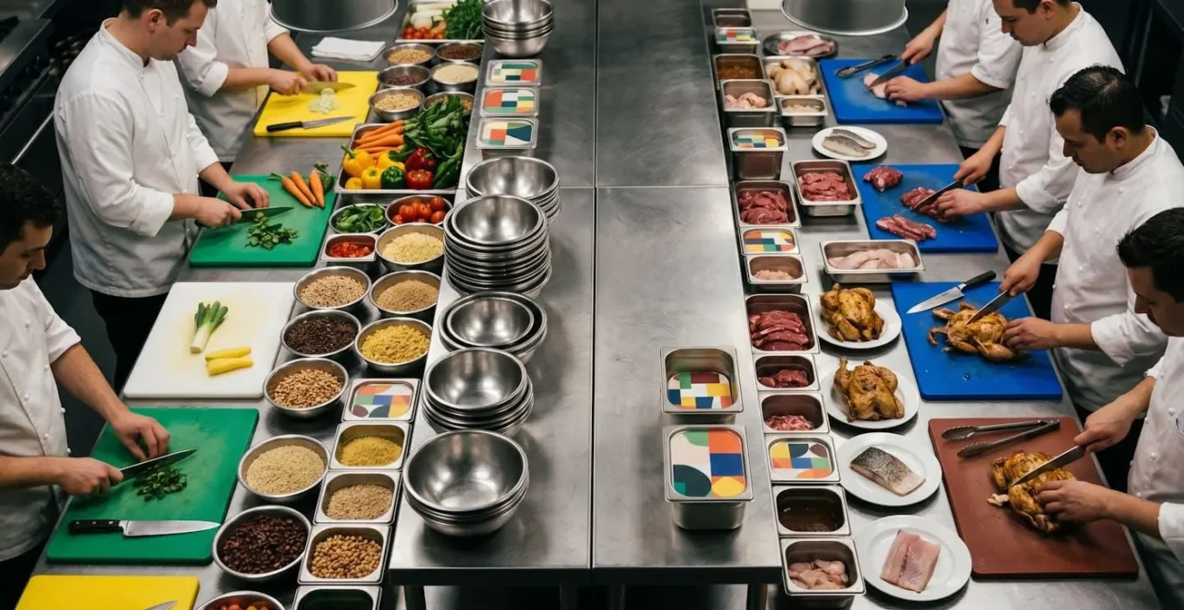 Organisation de cuisine avec zones séparées pour la préparation simultanée de plats végétariens et traditionnels