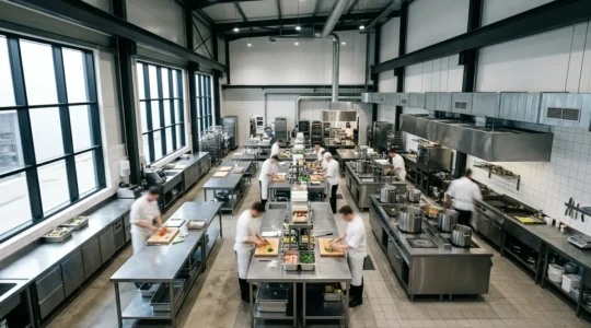 Vue d'ensemble d'une cuisine centrale moderne avec équipements professionnels et organisation optimisée pour la production à grande échelle