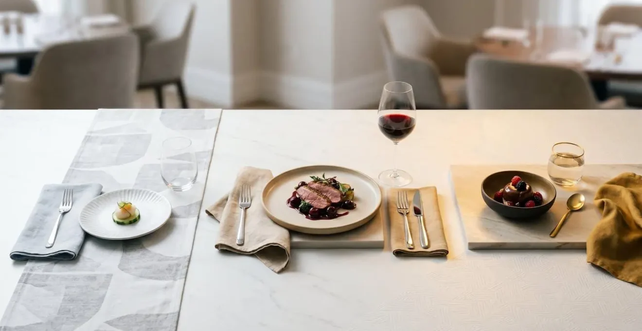 Séquence visuelle d'un menu dégustation montrant la progression narrative des plats