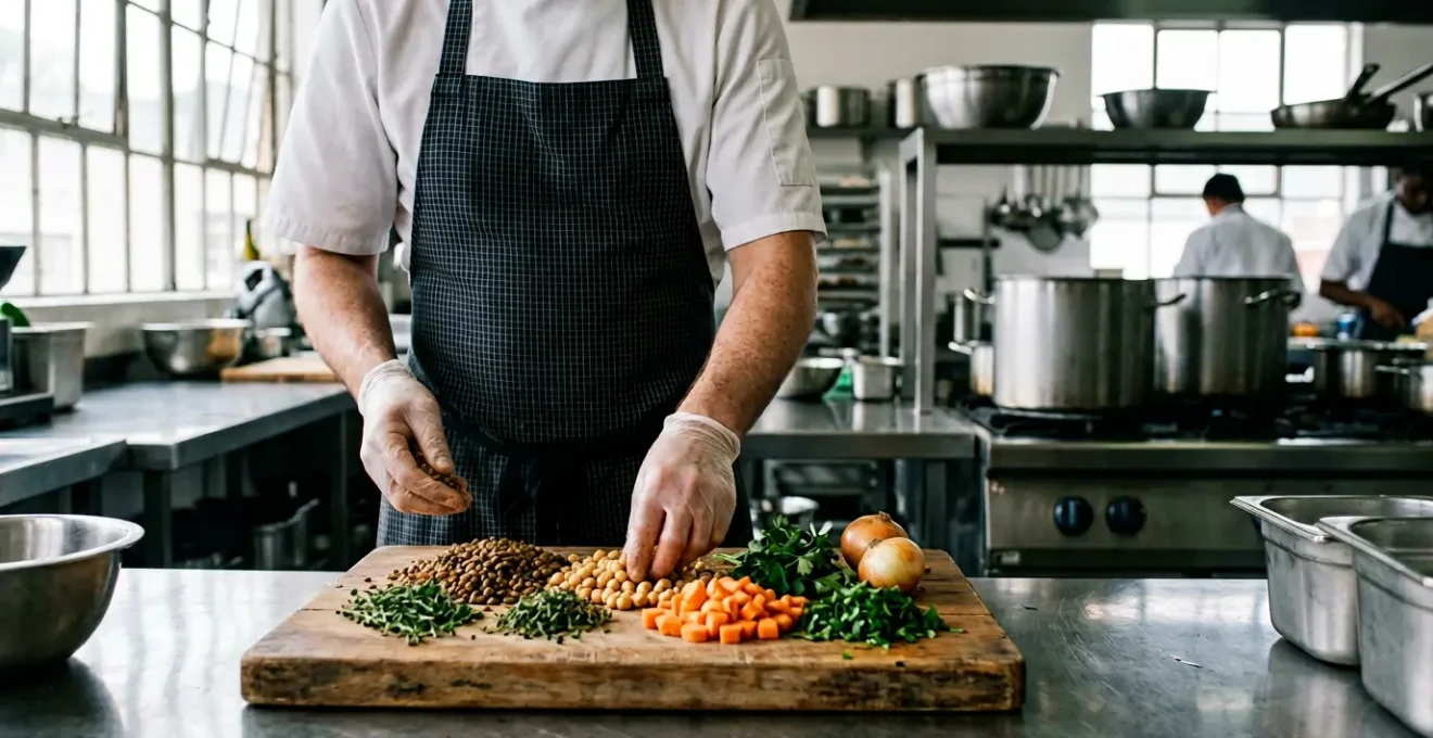 Chef cuisinier en restauration collective préparant des plats équilibrés avec des légumineuses et légumes frais dans une cuisine professionnelle moderne