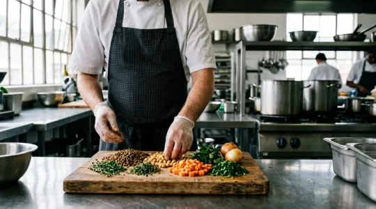 Chef cuisinier en restauration collective préparant des plats équilibrés avec des légumineuses et légumes frais dans une cuisine professionnelle moderne