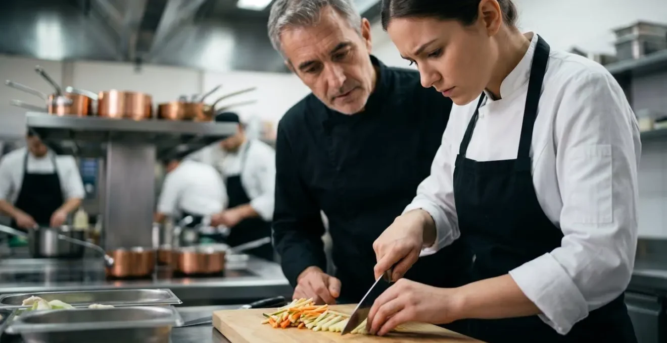 Chef de cuisine observant attentivement un jeune commis en pleine démonstration technique