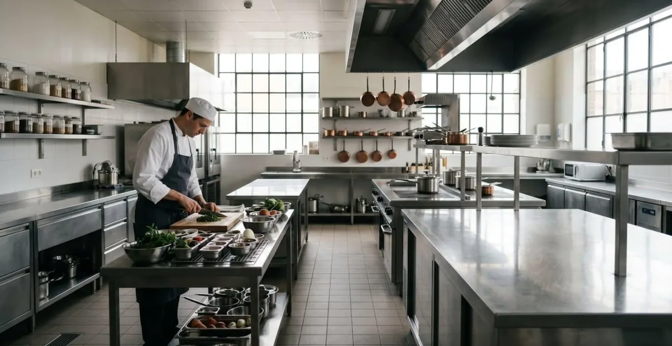 Cuisine de restaurant en période creuse avec chef préparant la mise en place