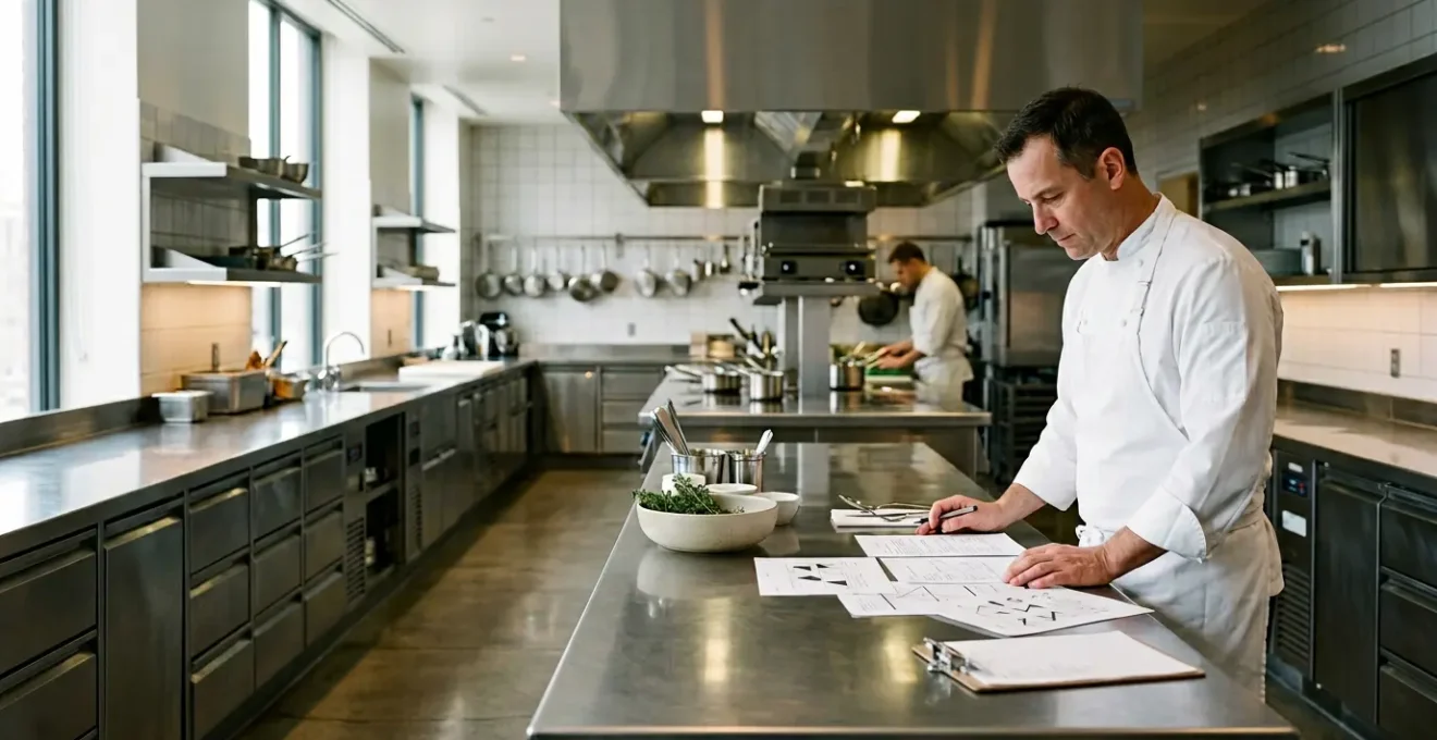 Chef dans une cuisine d'hôtel analysant la rentabilité de son département restauration