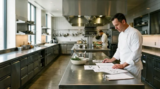 Chef dans une cuisine d'hôtel analysant la rentabilité de son département restauration