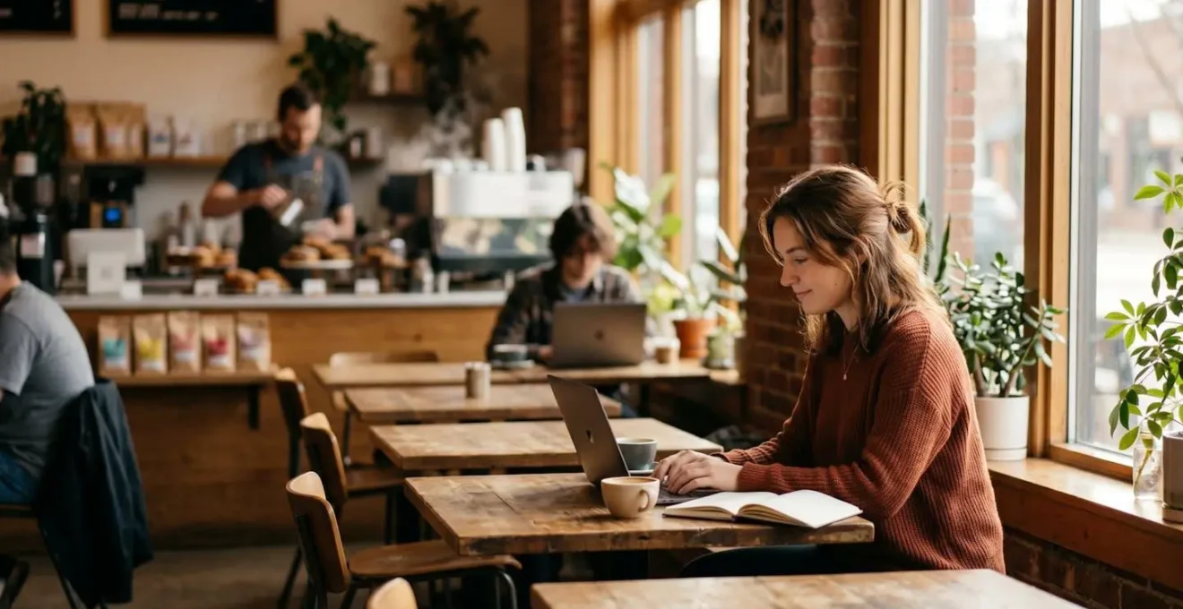 Espace de restaurant transformé en zone polyvalente avec des tables adaptables et une ambiance lumineuse différente entre le service et les heures creuses