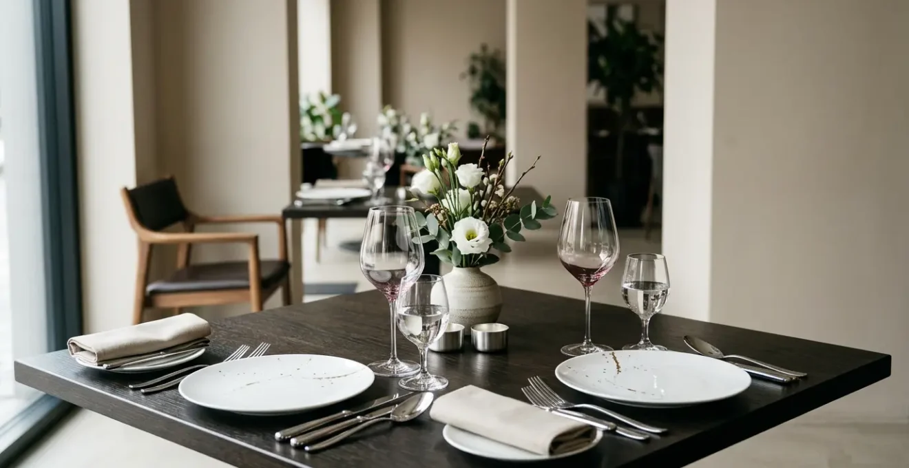 Table de restaurant gastronomique élégamment dressée avec vaisselle design et mise en scène experte