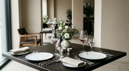 Table de restaurant gastronomique élégamment dressée avec vaisselle design et mise en scène experte