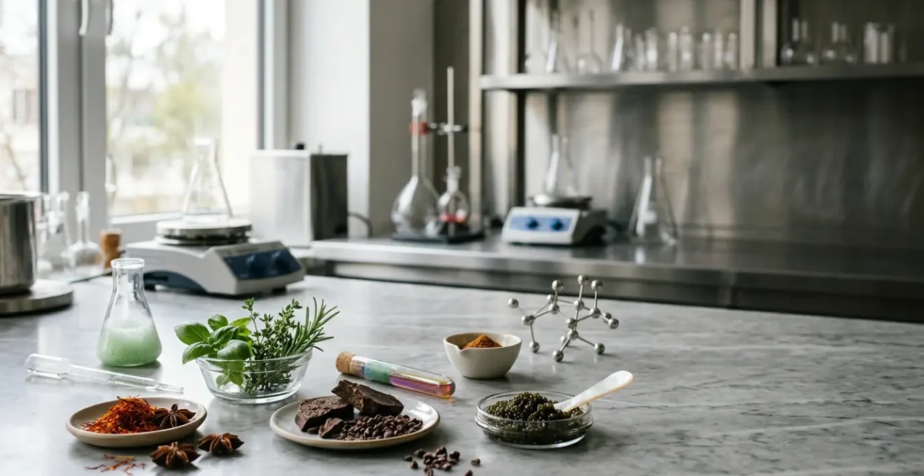 Composition scientifique et artistique montrant des ingrédients gastronomiques dans un contexte de laboratoire culinaire