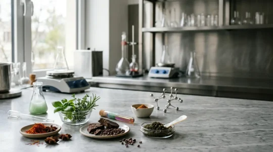 Composition scientifique et artistique montrant des ingrédients gastronomiques dans un contexte de laboratoire culinaire