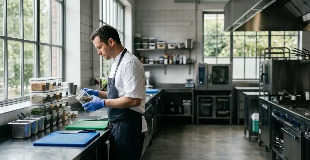 Chef de cuisine professionnel vérifiant les ingrédients dans une cuisine moderne avec protocole de sécurité alimentaire